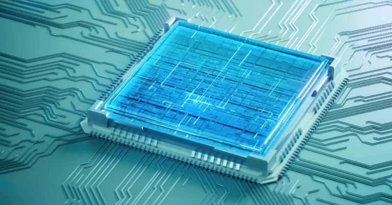 A glowing blue computer processor on a circuit board, symbolizing the core technology behind artificial intelligence and machine learning. for AI & Machine Learning Glossary post