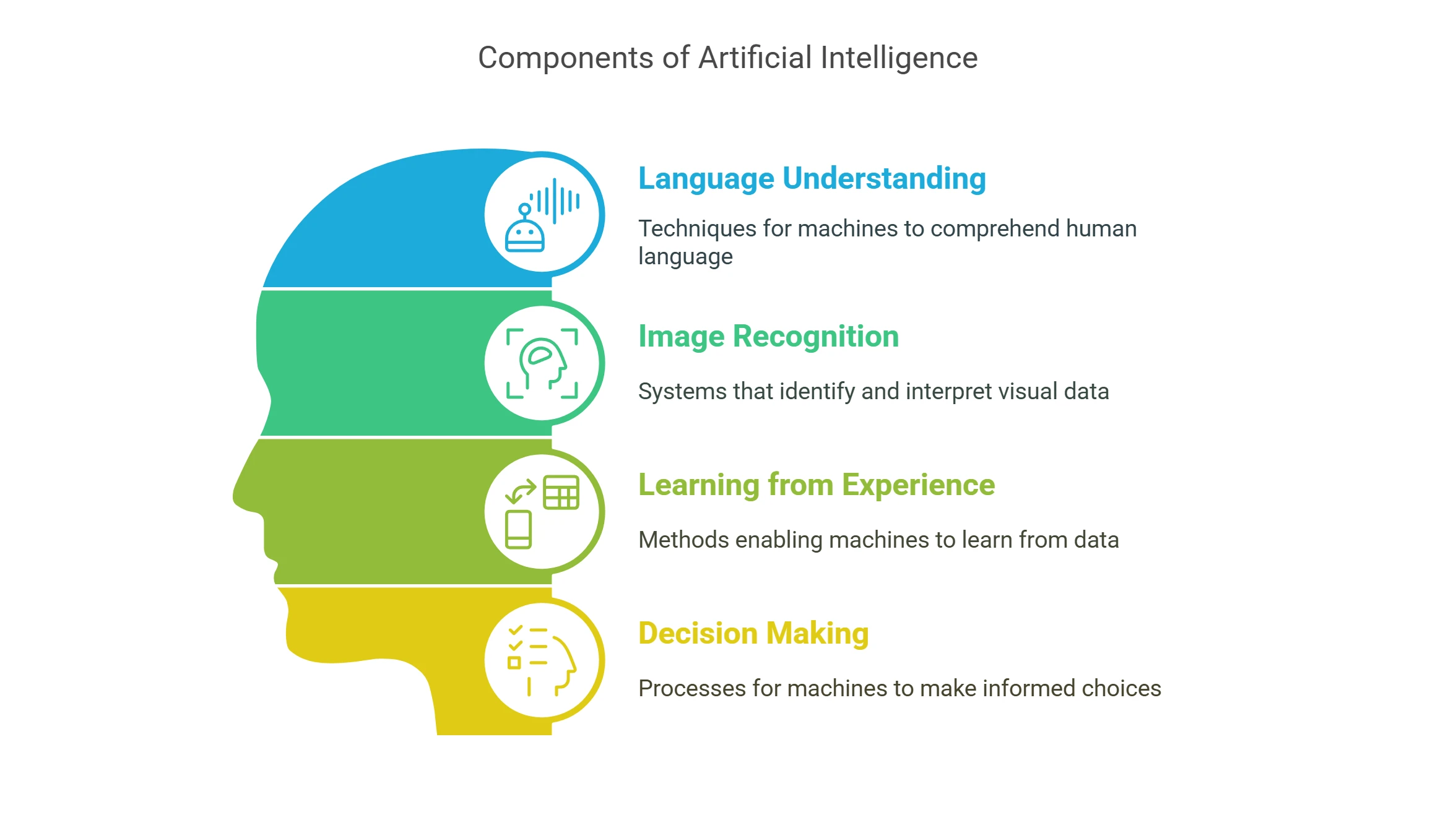 AI & Machine Learning Glossary: Common Terms Beginners Should Know A visual representation of AI components, including language understanding, image recognition, learning from experience, and decision making.