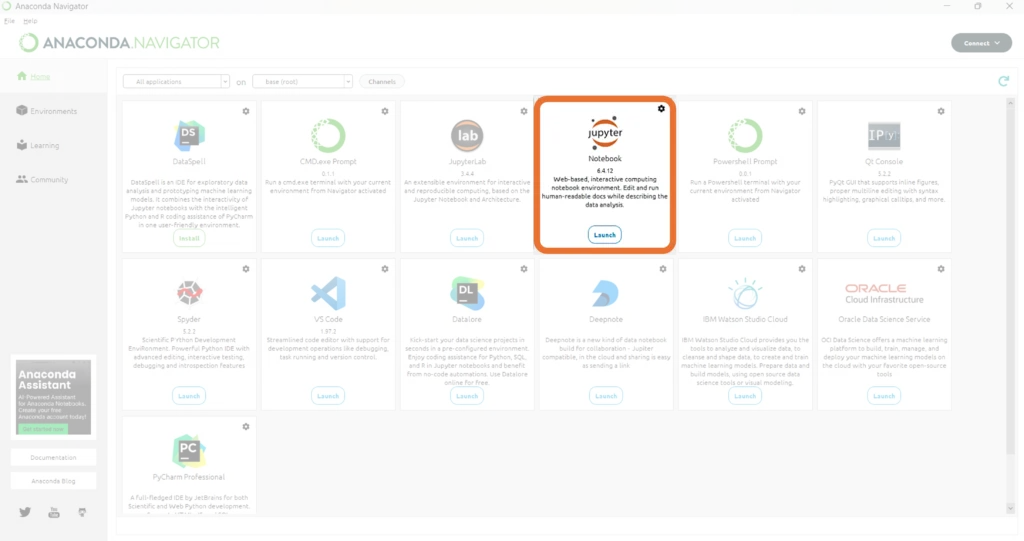 Getting Started with Python for Machine Learning: Essential Tools and Libraries Anaconda Navigator interface displaying various applications, with Jupyter Notebook highlighted for launching an interactive Python environment.