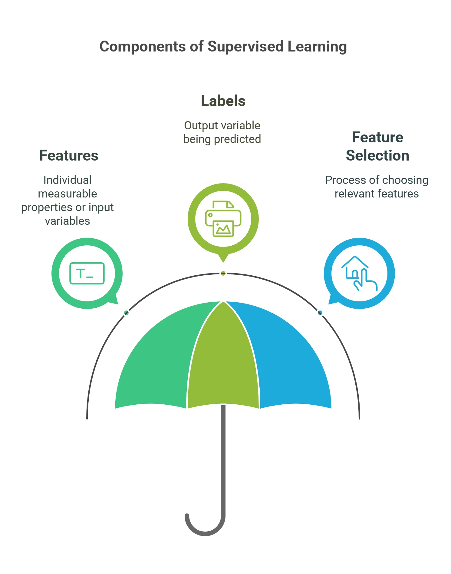 AI & Machine Learning Glossary: Common Terms Beginners Should Know Infographic illustrating the components of supervised learning, including features, labels, and feature selection in machine learning models.