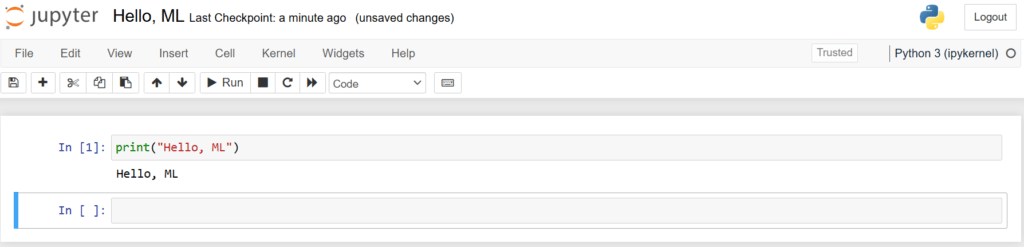 Getting Started with Python for Machine Learning: Essential Tools and Libraries Jupyter Notebook interface showing a simple Python script that prints "Hello, ML," demonstrating the first steps in machine learning using Python.