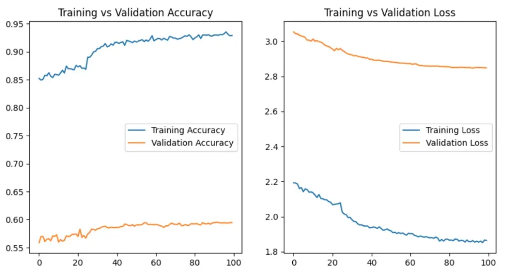 Line charts showing training vs validation accuracy and loss over 100 epochs of transfer learning