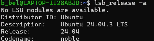 Easy GPU Acceleration on Windows with WSL2: Complete Guide + CPU vs GPU Test Ubuntu terminal output from lsb_release -a confirming Ubuntu 24.04.3 LTS running inside WSL2 on Windows