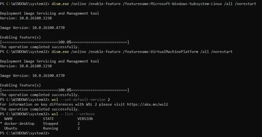 Easy GPU Acceleration on Windows with WSL2: Complete Guide + CPU vs GPU Test PowerShell output showing successful WSL2 installation, default version set to 2, and Ubuntu distribution running