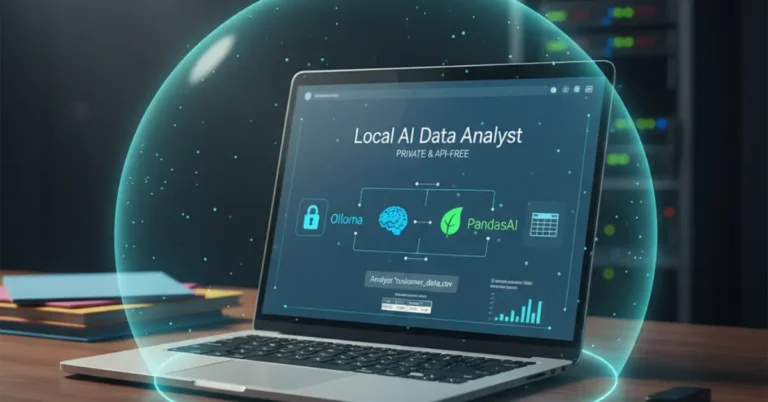 Laptop screen showing a local AI data analyst app built with PandasAI and Ollama, representing secure offline data analysis.