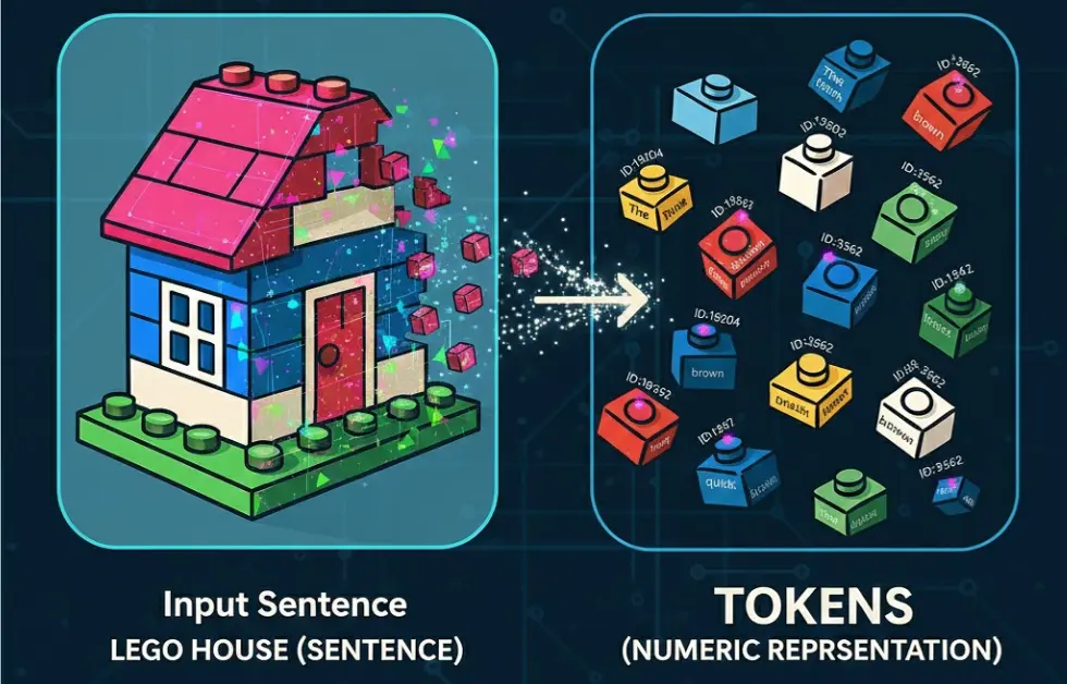 LEGO house breaking into individual bricks to represent tokenization of a sentence into tokens