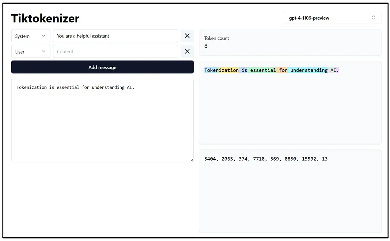 Screenshot of Tiktokenizer showing GPT-4 tokenization of the sentence ‘Tokenization is essential for understanding AI.’ with 8 tokens and their token IDs