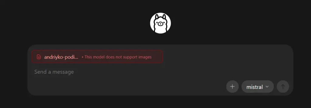 Gemma 4 Image Renaming App with Ollama Ollama app showing mistral selected with an uploaded image and the message that this model does not support images