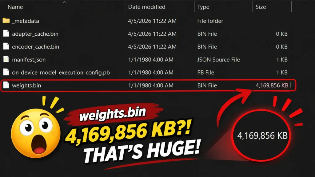 Windows File Explorer screenshot highlighting the weights.bin file size for the Chrome local AI model, showing a large 4,169,856 KB file.