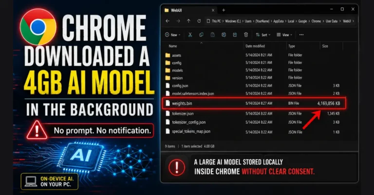 Featured image showing Chrome and a highlighted weights.bin file sized 4,169,856 KB, with text saying Chrome downloaded a 4GB AI model in the background with no prompt and no notification.